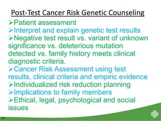 20
Patient assessment
Interpret and explain genetic test results
Negative test result vs. variant of unknown
significance vs. deleterious mutation
detected vs. family history meets clinical
diagnostic criteria.
Cancer Risk Assessment using test
results, clinical criteria and empiric evidence
Individualized risk reduction planning
Implications to family members
Ethical, legal, psychological and social
issues
Post-Test Cancer Risk Genetic Counseling
 