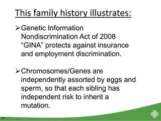 28
This family history illustrates:
Genetic Information
Nondiscrimination Act of 2008
“GINA” protects against insurance
and employment discrimination.
Chromosomes/Genes are
independently assorted by eggs and
sperm, so that each sibling has
independent risk to inherit a
mutation.
 