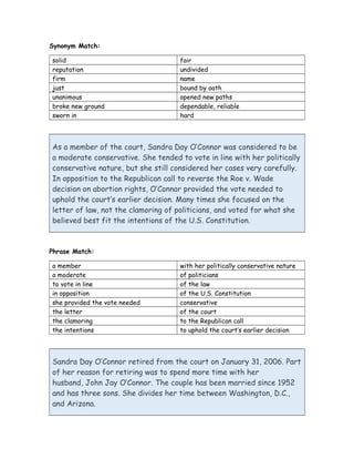 Synonym Match:
solid fair
reputation undivided
firm name
just bound by oath
unanimous opened new paths
broke new ground dependable, reliable
sworn in hard
As a member of the court, Sandra Day O’Connor was considered to be
a moderate conservative. She tended to vote in line with her politically
conservative nature, but she still considered her cases very carefully.
In opposition to the Republican call to reverse the Roe v. Wade
decision on abortion rights, O’Connor provided the vote needed to
uphold the court’s earlier decision. Many times she focused on the
letter of law, not the clamoring of politicians, and voted for what she
believed best fit the intentions of the U.S. Constitution.
Phrase Match:
a member with her politically conservative nature
a moderate of politicians
to vote in line of the law
in opposition of the U.S. Constitution
she provided the vote needed conservative
the letter of the court
the clamoring to the Republican call
the intentions to uphold the court’s earlier decision
Sandra Day O’Connor retired from the court on January 31, 2006. Part
of her reason for retiring was to spend more time with her
husband, John Jay O’Connor. The couple has been married since 1952
and has three sons. She divides her time between Washington, D.C.,
and Arizona.
 