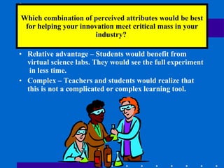 Which combination of perceived attributes would be best for helping your innovation meet critical mass in your industry?  Relative advantage – Students would benefit from virtual science labs. They would see the full experiment  in less time. Complex – Teachers and students would realize that this is not a complicated or complex learning tool.  