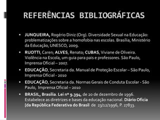 REFERÊNCIAS BIBLIOGRÁFICAS

 JUNQUEIRA, Rogério Diniz (Org). Diversidade Sexual na Educação:
   problematizações sobre a homofobia nas escolas. Brasília, Ministério
   da Educação, UNESCO, 2009.
 RUOTTI, Caren; ALVES, Renato; CUBAS, Viviane de Oliveira.
   Violência na Escola, um guia para pais e professores. São Paulo,
   Imprensa Oficial – 2007.
 EDUCAÇÃO, Secretaria da. Manual de Proteção Escolar – São Paulo,
   Imprensa Oficial - 2010
 EDUCAÇÃO, Secretaria da. Normas Gerais de Conduta Escolar - São
   Paulo, Imprensa Oficial – 2010
 BRASIL, Brasília. Lei nº 9.394, de 20 de dezembro de 1996.
   Estabelece as diretrizes e bases da educação nacional. Diário Oficia
   [da República Federativa do Brasil de 23/12/1996, P. 27833.
 