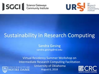Sustainability in Research Computing
Sandra Gesing
sandra.gesing@nd.edu
Virtual Residency Summer Workshop on
Intermediate Research Computing Facilitation
University of Oklahoma
August 6, 2018
 