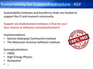 Sustainability for Cyberinfrastructure - NSF
Sustainability Institutes and Excellence Hubs are funded to
support the CI and research community
Support via implemented institutes is free for you!
Your chance to influence conceptualizations!
Implementations
• Science Gateways Community Institute
• The Molecular Sciences Software Institute
Conceptualizations
• URSSI
• High-Energy Physics
• Geospatial
• …
 