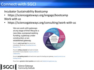 Connect with SGCI
Incubator Sustainability Bootcamp
• https://sciencegateways.org/engage/bootcamp
Work with us
• https://sciencegateways.org/consulting/work-with-us
 
