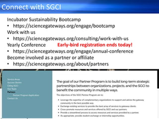 Connect with SGCI
Incubator Sustainability Bootcamp
• https://sciencegateways.org/engage/bootcamp
Work with us
• https://sciencegateways.org/consulting/work-with-us
Yearly Conference
• https://sciencegateways.org/engage/annual-conference
Become involved as a partner or affiliate
• https://sciencegateways.org/about/partners
Early-bird registration ends today!
 