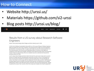 How to Connect
• Website http://urssi.us/
• Materials https://github.com/si2-urssi
• Blog posts http://urssi.us/blog/
 