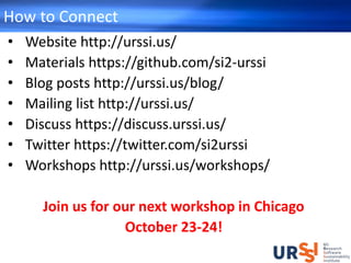 How to Connect
• Website http://urssi.us/
• Materials https://github.com/si2-urssi
• Blog posts http://urssi.us/blog/
• Mailing list http://urssi.us/
• Discuss https://discuss.urssi.us/
• Twitter https://twitter.com/si2urssi
• Workshops http://urssi.us/workshops/
Join us for our next workshop in Chicago
October 23-24!
 