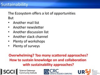 Sustainability
The Ecosystem offers a lot of opportunities
But
• Another mail list
• Another newsletter
• Another discussion list
• Another slack channel
• Plenty of workshops
• Plenty of surveys
Overwhelming? Too many scattered approaches?
How to sustain knowledge on and collaboration
with sustainability approaches?
 