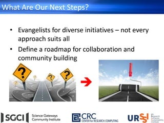 What Are Our Next Steps?
• Evangelists for diverse initiatives – not every
approach suits all
• Define a roadmap for collaboration and
community building

 