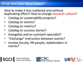 What Are Our Next Steps?
How to make it less scattered and without
duplicating effort? How to change research culture?
• Catalog on sustainability projects?
• Catalog on events?
• Catalog on metrics?
• Catalog on success stories?
• Evangelist and an outreach specialist?
• “Exchange” instructors between events?
• Involve faculty, HR people, stakeholders in
events?
 
