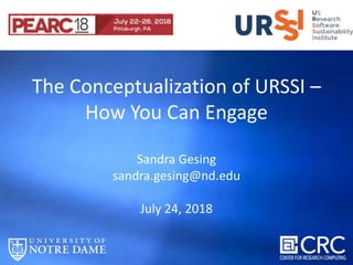 The Conceptualization of URSSI –
How You Can Engage
Sandra Gesing
sandra.gesing@nd.edu
July 24, 2018
 