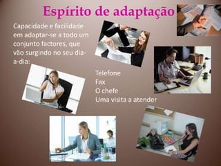 Espírito de adaptaçãoCapacidade e facilidade em adaptar-se a todo um conjunto factores, que vão surgindo no seu dia-a-dia:TelefoneFaxO chefeUma visita a atender