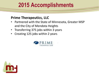 2015 Accomplishments
Prime Therapeutics, LLC
• Partnered with the State of Minnesota, Greater MSP
and the City of Mendota ...