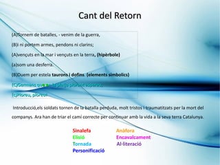 Cant del Retorn
(A)Tornem de batalles, - venim de la guerra,

(B)i ni portem armes, pendons ni clarins;

(A)vençuts en la mar i vençuts en la terra, (hipèrbole)

(a)som una desferra.

(B)Duem per estela taurons i dofins. (elements simbolics)

(C)Germans que en la platja plorant espereu,

(c)Ploreu, ploreu!

Introducció,els soldats tornen de la batalla perduda, molt tristos i traumatitzats per la mort del
companys. Ara han de triar el camí correcte per continuar amb la vida a la seva terra Catalunya.

                              Sinalefa               Anàfora
                              Elisió                 Encavalcament
                              Tornada                Al·literació
                              Personificació
 