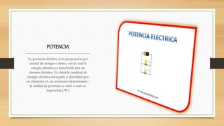 POTENCIA
La potencia eléctrica es la proporción por
unidad de tiempo o ritmo, con la cual la
energía eléctrica es transferida por un
circuito eléctrico. Es decir la cantidad de
energía eléctrica entregada o absorbida por
un elemento en un momento determinado ,
la unidad de potencia es vatio o watt se
representa [ W ]
 