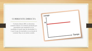 CORRIENTE DIRECTA
Corriente directa (DC) se denomina
corriente directa a la corriente producida por
generadores que mantienen en sus
terminales el mismo tipo de electricidad (+),
(-) por lo que al conectarlos en un circuito la
corriente fluye en un mismo sentido.
 