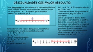 DESIGUALDADES CON VALOR ABSOLUTO:
Una desigualdad de valor absoluto es una desigualdad que
tiene un signo de valor absoluto con una variable dentro.
La desigualdad | x | < 4 significa que la distancia
entre x y 0 es menor que 4.
Así, x > -4 Y x < 4. El conjunto solución
es {x|-4 < x < 4}.
Cuando se resuelven desigualdades de
valor absoluto, hay dos casos a
considerar.
Caso 1: La expresión dentro de los
símbolos de valor absoluto es positiva.
Caso 2: La expresión dentro de los
símbolos de valor absoluto es negativa.
La solución es la intersección de las
soluciones de estos dos casos.
En otras palabras, para cualesquiera
números reales a y b , si | a | < b ,
entonces a < b Y a > - b .
Para resolver este tipo de desigualdad, necesitamos
descomponerla en una desigualdad compuesta.
x – 7 < 3 Y x – 7 > –3
–3 < x – 7 < 3
Sume 7 en cada expresión.
-3 + 7 < x - 7 + 7 < 3 + 7
4 < x <10
La gráfica se vería así:
 
