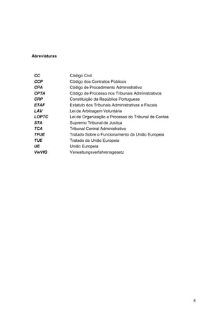 8
Abreviaturas
CC Código Civil
CCP Código dos Contratos Públicos
CPA Código de Procedimento Administrativo
CPTA Código de Processo nos Tribunais Administrativos
CRP Constituição da República Portuguesa
ETAF Estatuto dos Tribunais Administrativas e Fiscais
LAV Lei de Arbitragem Voluntária
LOPTC Lei de Organização e Processo do Tribunal de Contas
STA Supremo Tribunal de Justiça
TCA Tribunal Central Administrativo
TFUE Tratado Sobre o Funcionamento da União Europeia
TUE Tratado da União Europeia
UE União Europeia
VwVfG Verwaltungsverfahrensgesetz
 