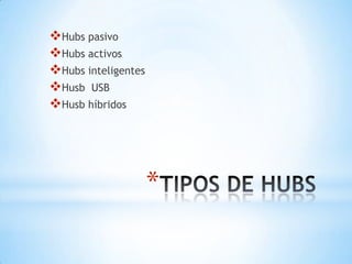 *
Hubs pasivo
Hubs activos
Hubs inteligentes
Husb USB
Husb híbridos
 