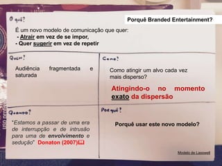 Modelo de Lasswell
“Estamos a passar de uma era
de interrupção e de intrusão
para uma de envolvimento e
sedução” Donaton (2007)
Como atingir um alvo cada vez
mais disperso?
É um novo modelo de comunicação que quer:
- Atrair em vez de se impor,
- Quer sugerir em vez de repetir
Porquê Branded Entertainment?
Audiência fragmentada e
saturada
Atingindo-o no momento
exato da dispersão
Porquê usar este novo modelo?
 