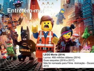 Entretém-me!
LEGO Movie (2014)
Lucros: 468 milhões dólares (2014)
Duas sequelas (2016 e 2017)
Não foi nomeado para Filme Animação - Óscare
2015
 