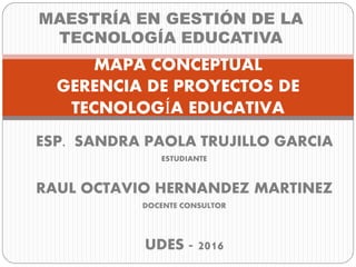 ESP. SANDRA PAOLA TRUJILLO GARCIA
ESTUDIANTE
RAUL OCTAVIO HERNANDEZ MARTINEZ
DOCENTE CONSULTOR
UDES - 2016
MAPA CONCEPTUAL
GERENCIA DE PROYECTOS DE
TECNOLOGÍA EDUCATIVA
MAESTRÍA EN GESTIÓN DE LA
TECNOLOGÍA EDUCATIVA
 