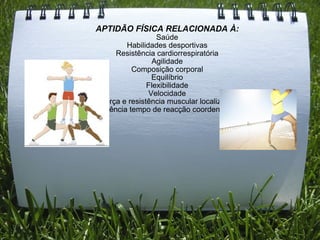 APTIDÃO FÍSICA RELACIONADA À: Saúde Habilidades desportivas Resistência cardiorrespiratória Agilidade Composição corporal Equilíbrio Flexibilidade Velocidade Força e resistência muscular localizada Potência tempo de reacção coordenação 