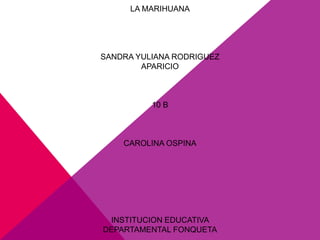 LA MARIHUANA




SANDRA YULIANA RODRIGUEZ
        APARICIO



          10 B



    CAROLINA OSPINA




 INSTITUCION EDUCATIVA
DEPARTAMENTAL FONQUETA
 