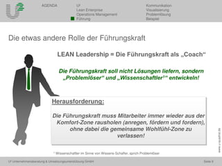 U² Unternehmensberatung & Umsetzungsunterstützung GmbH Seite 9
AGENDA U² Kommunikation
Lean Enterprise Visualisierung
Operations Management Problemlösung
Führung Beispiel
www.u-quadrat.de
Die etwas andere Rolle der Führungskraft
LEAN Leadership = Die Führungskraft als „Coach“
Die Führungskraft soll nicht Lösungen liefern, sondern
„Problemlöser“ und „Wissenschaftler1“ entwickeln!
Herausforderung:
Die Führungskraft muss Mitarbeiter immer wieder aus der
Komfort-Zone rausholen (anregen, fördern und fordern),
ohne dabei die gemeinsame Wohlfühl-Zone zu
verlassen!
1 Wissenschaftler im Sinne von Wissens-Schaffer, sprich Problemlöser
 