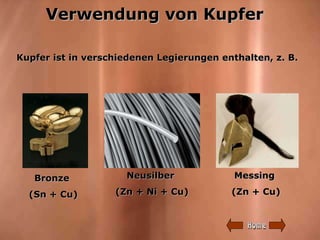 Verwendung von Kupfer Kupfer ist in verschiedenen Legierungen enthalten, z. B. Bronze  (Sn + Cu) Messing  (Zn + Cu) Neusil...