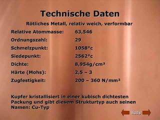 Technische Daten Rötliches Metall, relativ weich, verformbar Relative Atommasse:  63,546 Ordnungszahl:  29 Schmelzpunkt: 1...
