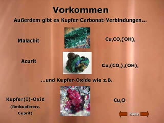 Vorkommen Außerdem gibt es Kupfer-Carbonat-Verbindungen... Malachit Cu 2 CO 3 (OH) 2 Azurit Cu 3 (CO 3 ) 2 (OH) 2 ...und K...