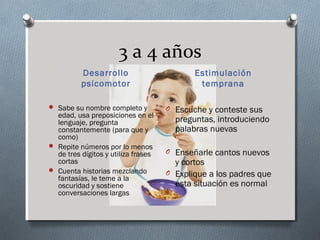3 a 4 años
          Desarrollo                        Estimulación
          psicomotor                         temprana

 Sabe su nombre completo y          O Escuche y conteste sus
  edad, usa preposiciones en el
  lenguaje, pregunta                   preguntas, introduciendo
  constantemente (para que y           palabras nuevas
  como)
 Repite números por lo menos
  de tres dígitos y utiliza frases   O Enseñarle cantos nuevos
  cortas                               y cortos
 Cuenta historias mezclando         O Explique a los padres que
  fantasías, le teme a la
  oscuridad y sostiene                 esta situación es normal
  conversaciones largas
 