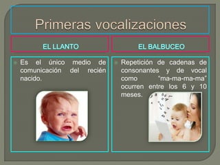  Es el único medio de
comunicación del recién
nacido.
 Repetición de cadenas de
consonantes y de vocal
como “ma-ma-ma-ma”
ocurren entre los 6 y 10
meses.
 