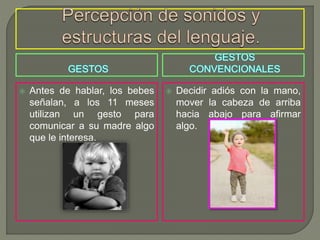  Antes de hablar, los bebes
señalan, a los 11 meses
utilizan un gesto para
comunicar a su madre algo
que le interesa.
 Decidir adiós con la mano,
mover la cabeza de arriba
hacia abajo para afirmar
algo.
 