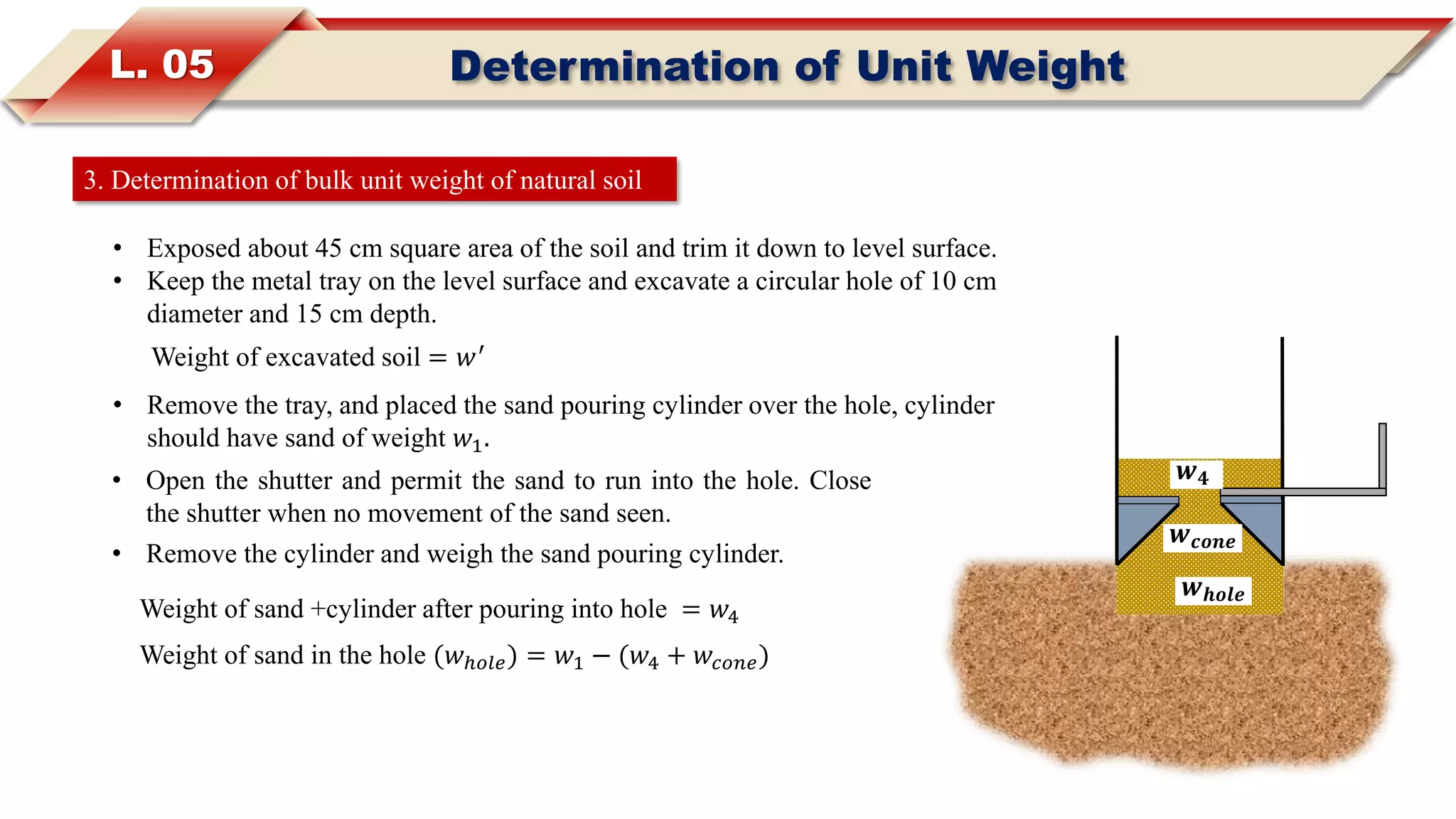 L. 05 Determination of Unit Weight
3. Determination of bulk unit weight of natural soil
• Exposed about 45 cm square area of the soil and trim it down to level surface.
• Keep the metal tray on the level surface and excavate a circular hole of 10 cm
diameter and 15 cm depth.
Weight of excavated soil = 𝑤′
• Remove the tray, and placed the sand pouring cylinder over the hole, cylinder
should have sand of weight 𝑤1.
• Remove the cylinder and weigh the sand pouring cylinder.
• Open the shutter and permit the sand to run into the hole. Close
the shutter when no movement of the sand seen.
Weight of sand +cylinder after pouring into hole = 𝑤4
Weight of sand in the hole (𝑤ℎ𝑜𝑙𝑒) = 𝑤1 − (𝑤4 + 𝑤𝑐𝑜𝑛𝑒)
𝒘 𝒉𝒐𝒍𝒆
𝒘 𝒄𝒐𝒏𝒆
𝒘 𝟒
 