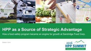 HPP as a Source of Strategic Advantage
How a food safety program became an engine for growth at Sandridge Food Corp.
October 4, 2016
 