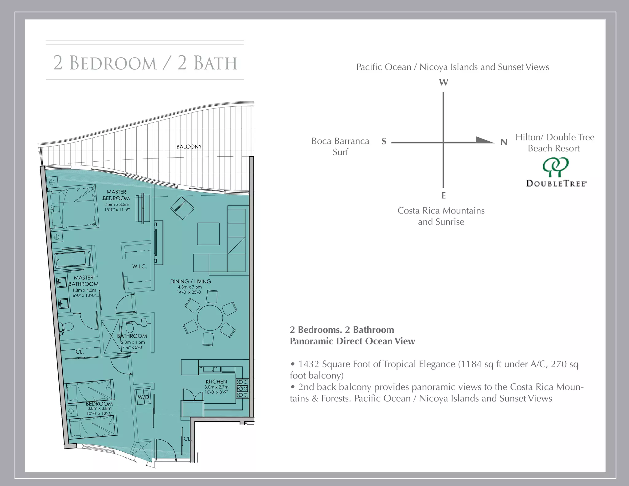 2 Bedroom / 2 Bath                  Pacific Ocean / Nicoya Islands and Sunset Views
                                                        W




                          Boca Barranca   S                                Hilton/ Double Tree
                                                                       N
                              Surf                                            Beach Resort 




                                                        E
                                              Costa Rica Mountains
                                                   and Sunrise




                     2 Bedrooms. 2 Bathroom
                     Panoramic Direct Ocean View

                     • 1432 Square Foot of Tropical Elegance (1184 sq ft under A/C, 270 sq
                     foot balcony)
                     • 2nd back balcony provides panoramic views to the Costa Rica Moun-
                     tains & Forests. Pacific Ocean / Nicoya Islands and Sunset Views
 