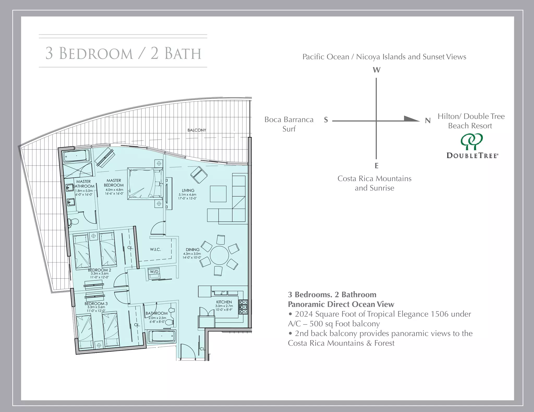 3 Bedroom / 2 Bath             Pacific Ocean / Nicoya Islands and Sunset Views
                                                   W




                     Boca Barranca   S                                Hilton/ Double Tree
                                                                  N
                         Surf                                            Beach Resort 




                                                   E
                                         Costa Rica Mountains
                                              and Sunrise




                           3 Bedrooms. 2 Bathroom
                           Panoramic Direct Ocean View
                           • 2024 Square Foot of Tropical Elegance 1506 under
                           A/C – 500 sq Foot balcony
                           • 2nd back balcony provides panoramic views to the
                           Costa Rica Mountains & Forest
 