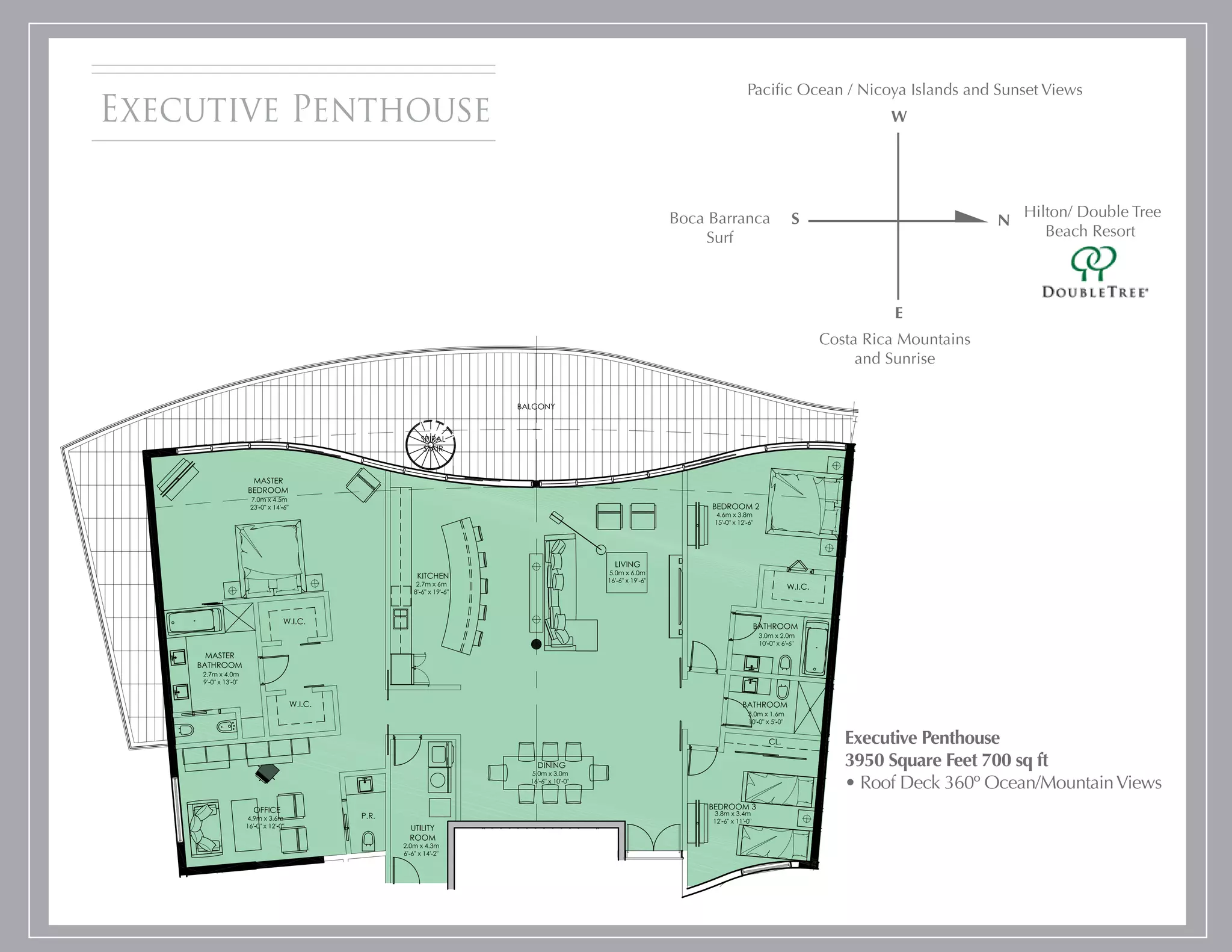 Pacific Ocean / Nicoya Islands and Sunset Views
Executive Penthouse                                 W




                      Boca Barranca   S                                Hilton/ Double Tree
                                                                   N
                          Surf                                            Beach Resort 




                                                    E
                                          Costa Rica Mountains
                                               and Sunrise




                                             Executive Penthouse
                                             3950 Square Feet 700 sq ft
                                             • Roof Deck 360º Ocean/Mountain Views
 