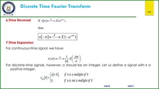 Discrete Time Fourier Transform
113
6.Time Reversal
7.Time Expansion
For continuous-time signal, we have
For discrete-time signals, however, a should be an integer. Let us define a signal with k a
positive integer,
SUB:ES UNIT:2
 