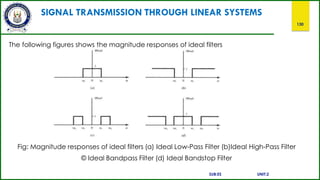 SIGNAL TRANSMISSION THROUGH LINEAR SYSTEMS
130
The following figures shows the magnitude responses of ideal filters
Fig: Magnitude responses of ideal filters (a) Ideal Low-Pass Filter (b)Ideal High-Pass Filter
© Ideal Bandpass Filter (d) Ideal Bandstop Filter
SUB:ES UNIT:2
 