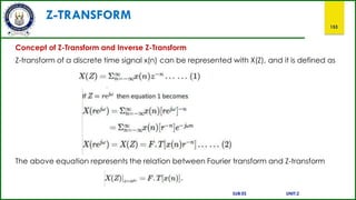 Z-TRANSFORM
153
Concept of Z-Transform and Inverse Z-Transform
Z-transform of a discrete time signal x(n) can be represented with X(Z), and it is defined as
The above equation represents the relation between Fourier transform and Z-transform
SUB:ES UNIT:2
 