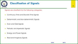 Classification of Signals
20
Signals are classified into the following categories:
 Continuous Time and Discrete Time Signals
 Deterministic and Non-deterministic Signals
 Even and Odd Signals
 Periodic and Aperiodic Signals
 Energy and Power Signals
 Real and Imaginary Signals
SUB:ES UNIT:2
 