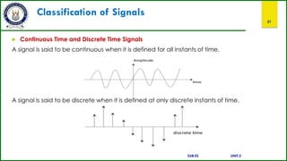 Classification of Signals
21
 Continuous Time and Discrete Time Signals
A signal is said to be continuous when it is defined for all instants of time.
A signal is said to be discrete when it is defined at only discrete instants of time.
SUB:ES UNIT:2
 