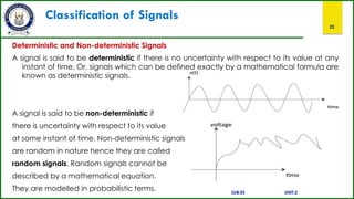 Classification of Signals
22
Deterministic and Non-deterministic Signals
A signal is said to be deterministic if there is no uncertainty with respect to its value at any
instant of time. Or, signals which can be defined exactly by a mathematical formula are
known as deterministic signals.
A signal is said to be non-deterministic if
there is uncertainty with respect to its value
at some instant of time. Non-deterministic signals
are random in nature hence they are called
random signals. Random signals cannot be
described by a mathematical equation.
They are modelled in probabilistic terms. SUB:ES UNIT:2
 