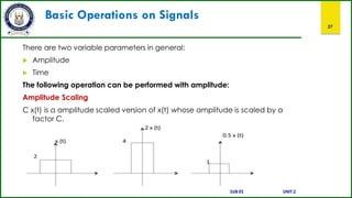 Basic Operations on Signals
27
There are two variable parameters in general:
 Amplitude
 Time
The following operation can be performed with amplitude:
Amplitude Scaling
C x(t) is a amplitude scaled version of x(t) whose amplitude is scaled by a
factor C.
SUB:ES UNIT:2
 