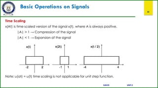 Basic Operations on Signals
32
Time Scaling
x(At) is time scaled version of the signal x(t). where A is always positive.
|A| > 1 → Compression of the signal
|A| < 1 → Expansion of the signal
Note: u(at) = u(t) time scaling is not applicable for unit step function.
SUB:ES UNIT:2
 