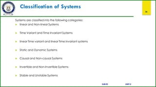 Classification of Systems
36
Systems are classified into the following categories:
 linear and Non-linear Systems
 Time Variant and Time Invariant Systems
 linear Time variant and linear Time invariant systems
 Static and Dynamic Systems
 Causal and Non-causal Systems
 Invertible and Non-Invertible Systems
 Stable and Unstable Systems
SUB:ES UNIT:2
 