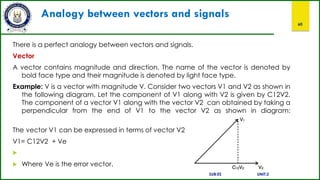 Analogy between vectors and signals
60
There is a perfect analogy between vectors and signals.
Vector
A vector contains magnitude and direction. The name of the vector is denoted by
bold face type and their magnitude is denoted by light face type.
Example: V is a vector with magnitude V. Consider two vectors V1 and V2 as shown in
the following diagram. Let the component of V1 along with V2 is given by C12V2.
The component of a vector V1 along with the vector V2 can obtained by taking a
perpendicular from the end of V1 to the vector V2 as shown in diagram:
The vector V1 can be expressed in terms of vector V2
V1= C12V2 + Ve

 Where Ve is the error vector.
SUB:ES UNIT:2
 